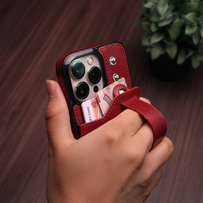 Maroon Leather Case with Card Slot and Strap Grip - كفر ومحفظة ومسكة وستاند