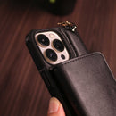 Black Leather Wallet Phone Case with Lanyard Strap - كفر حماية مع محفظة للبطاقات والفلوس وخيط علاقة