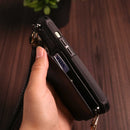 Black Leather Wallet Phone Case with Lanyard Strap - كفر حماية مع محفظة للبطاقات والفلوس وخيط علاقة
