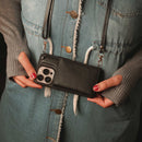 Black Leather Wallet Phone Case with Lanyard Strap - كفر حماية مع محفظة للبطاقات والفلوس وخيط علاقة