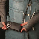 Black Leather Wallet Phone Case with Lanyard Strap - كفر حماية مع محفظة للبطاقات والفلوس وخيط علاقة