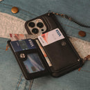 Black Leather Wallet Phone Case with Lanyard Strap - كفر حماية مع محفظة للبطاقات والفلوس وخيط علاقة