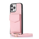 Pink Leather Case with Mirror, Card Wallet and Strap Lanyard - كفر جلد مع محفظة للبطاقات ومرايا وخيط علاقة