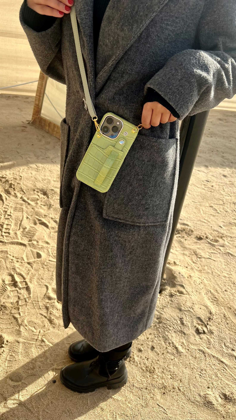 Light Green Leather Case with Grip, Card Slot and Strap Lanyard - كفر جلد مع مسكة ومحفظة للبطاقات والنقود وخيط سلسة علاقة