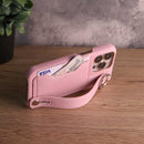 Leather Case with Card Slot and Wrist Strap - Pink - كفر مع محفظة للبطاقات ومسكة شريطة وستاند