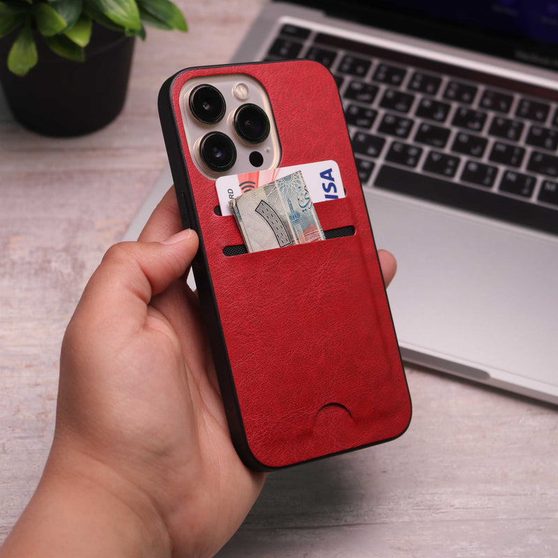 Leather Case with Two Back Card Slot - Red - كفر جلد مع محفظة للبطاقات والنقود
