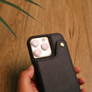 Black Wallet Leather Case with Mirror, Card Slot and Lanyard - كفر مع مراية ومكان للبطاقات وخيط علاقة