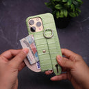 Light Green Crocodile Pattern Wallet Case with Grip - كفر مع ستاند و مسكة شريطة وميدالية ومحفظة للبطاقات