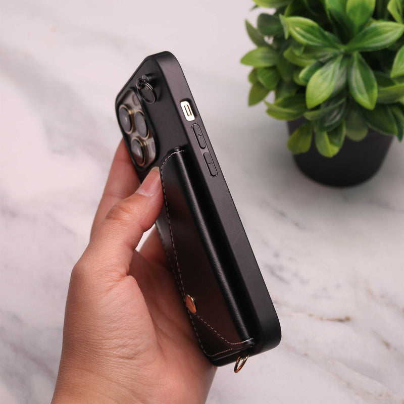 Black Leather Wallet Case with Card Slot and Lanyard - كفر مع محفظة للبطاقات والكاش وخيط علاقة