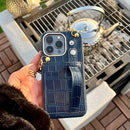 Dark Blue Leather Case with Grip, Card Slot and Strap Lanyard - كفر جلد مع مسكة ومحفظة للبطاقات والنقود وخيط سلسة علاقة