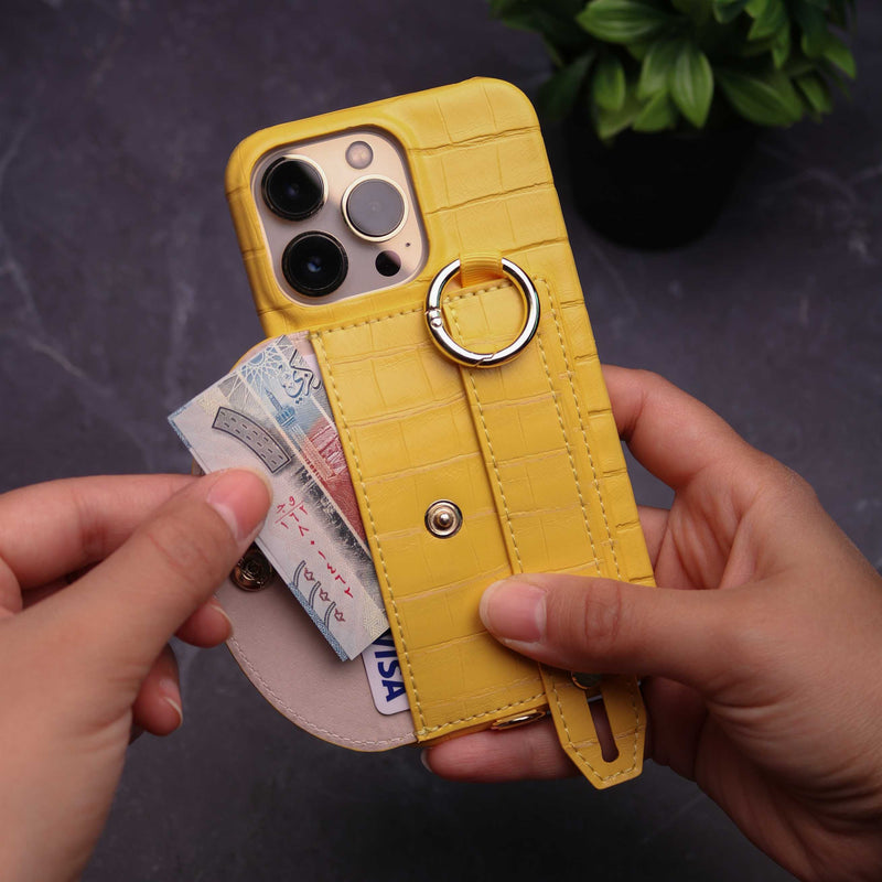 Yellow Crocodile Pattern Wallet Case with Grip - كفر مع ستاند و مسكة شريطة وميدالية ومحفظة للبطاقات