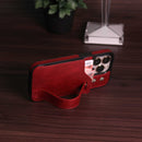 Maroon Leather Case with Card Slot and Strap Grip - كفر ومحفظة ومسكة وستاند