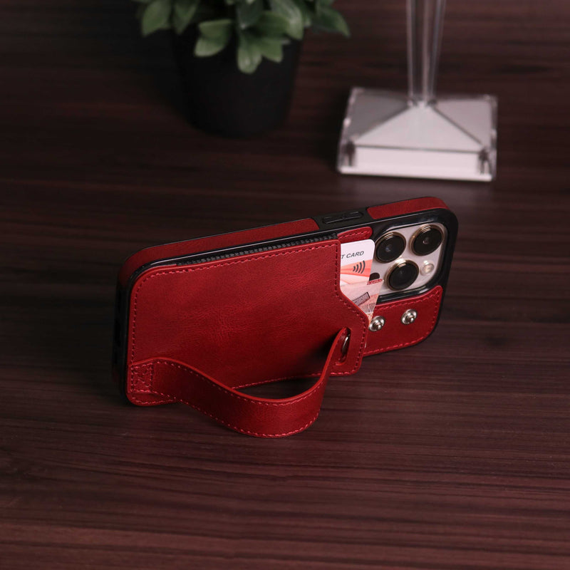 Maroon Leather Case with Card Slot and Strap Grip - كفر ومحفظة ومسكة وستاند