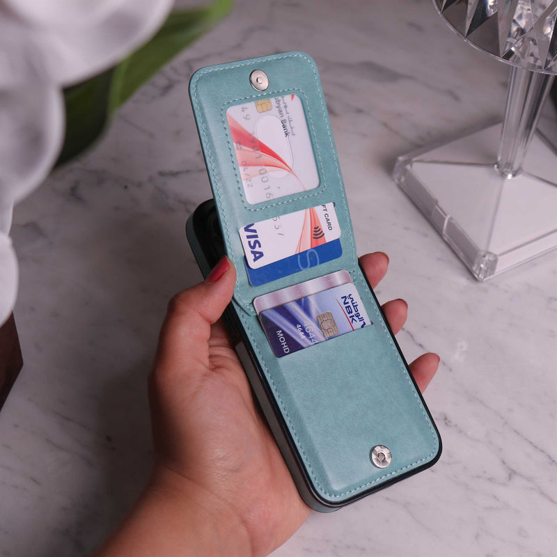 Light Green Leather Phone Case with Wallet Card - كفر مع محفظة للبطاقات والنقود وستاند جانبي