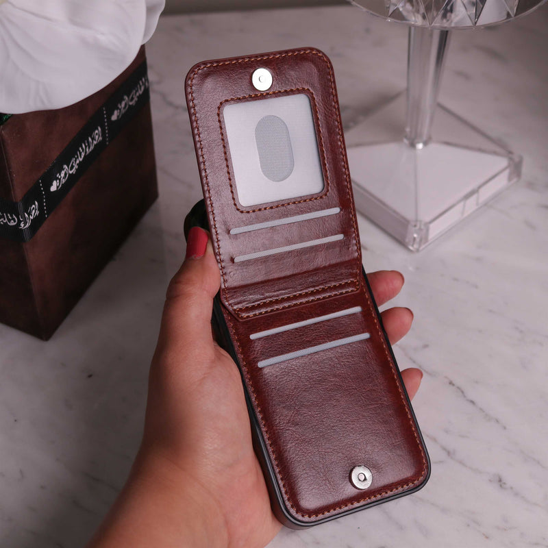 Brown Leather Phone Case with Wallet Card - كفر مع محفظة للبطاقات والنقود وستاند جانبي