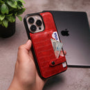 Crocodile Leather Case with Card Slot and Stand - Red -  كفر جلد مع محفظة للبطاقات والنقود وستاند