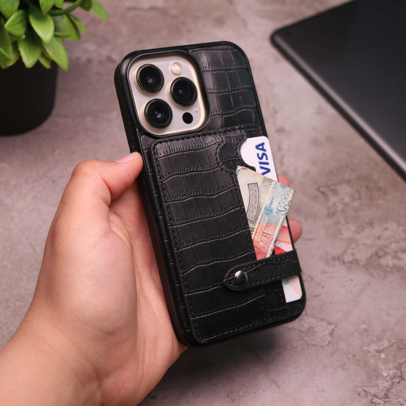 Crocodile Leather Case with Card Slot and Stand - Black -  كفر جلد مع محفظة للبطاقات والنقود وستاند