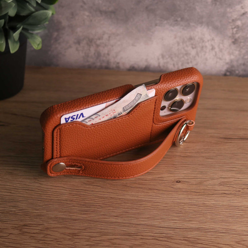 Leather Case with Card Slot and Wrist Strap - Brown - كفر مع محفظة للبطاقات ومسكة شريطة وستاند