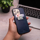 Leather Case with Two Back Card Slot - Dark Blue - كفر جلد مع محفظة للبطاقات والنقود