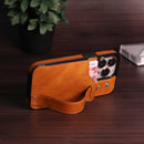 Light Brown Leather Case with Card Slot and Strap Grip - كفر ومحفظة ومسكة وستاند