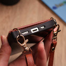 Brown Wallet Leather Case with Mirror, Card Slot and Lanyard - كفر مع مراية ومكان للبطاقات وخيط علاقة