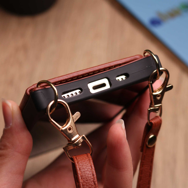 Brown Wallet Leather Case with Mirror, Card Slot and Lanyard - كفر مع مراية ومكان للبطاقات وخيط علاقة