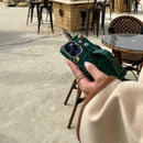 Dark Green Leather Case with Grip, Card Slot and Strap Lanyard - كفر جلد مع مسكة ومحفظة للبطاقات والنقود وخيط سلسة علاقة