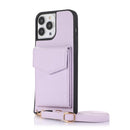 Purple Leather Case with Mirror, Card Wallet and Strap Lanyard - كفر جلد مع محفظة للبطاقات ومرايا وخيط علاقة