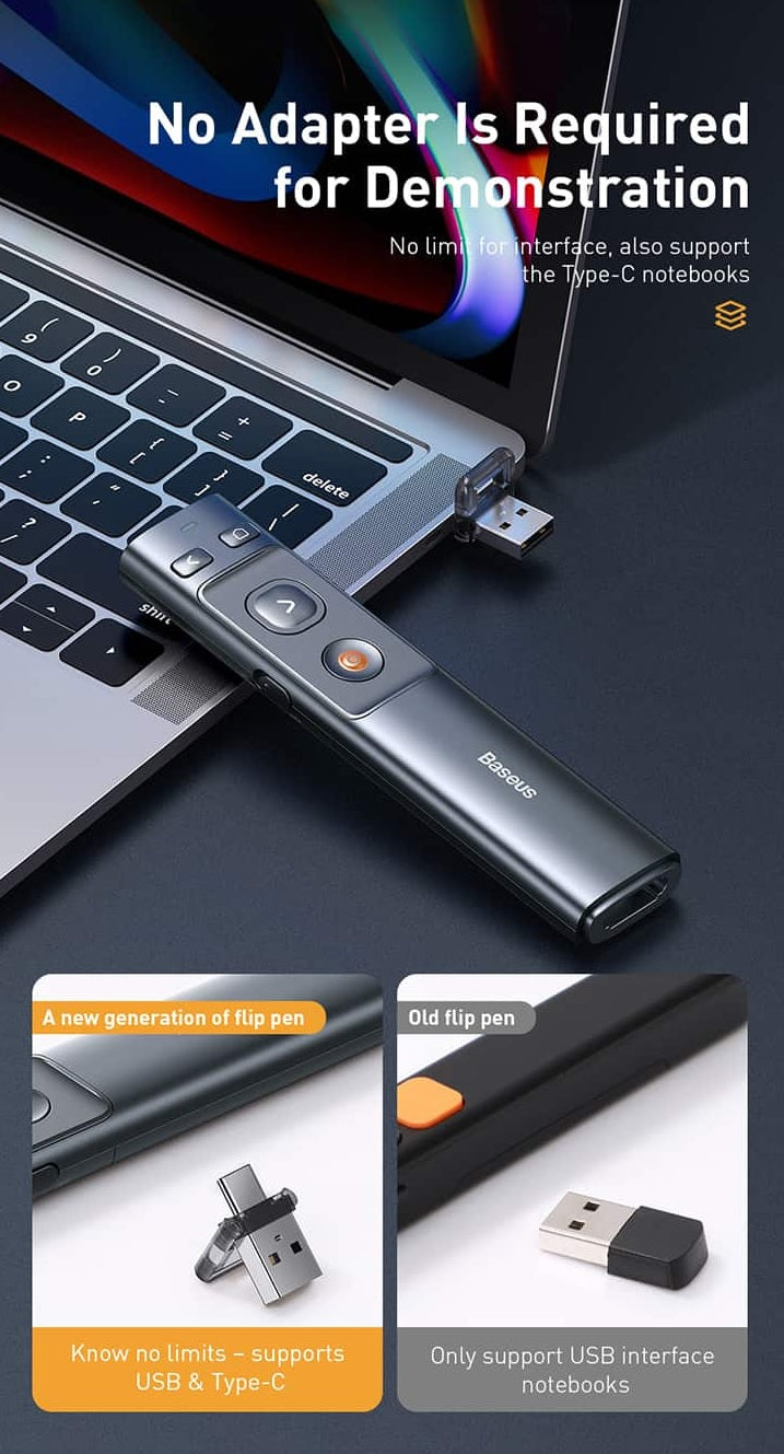 Baseus Orange Dot Wireless Presenter (Red Laser) Wireles Presenter - مؤشر ليزر - للعروض التقديمية - البرزنتيشن - مناسب لجميع انواع الاجهزة والايبادات