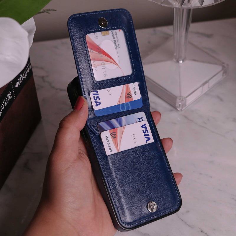 Dark Blue Leather Phone Case with Wallet Card - كفر مع محفظة للبطاقات والنقود وستاند جانبي
