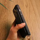 Black Wallet Leather Case with Mirror, Card Slot and Lanyard - كفر مع مراية ومكان للبطاقات وخيط علاقة