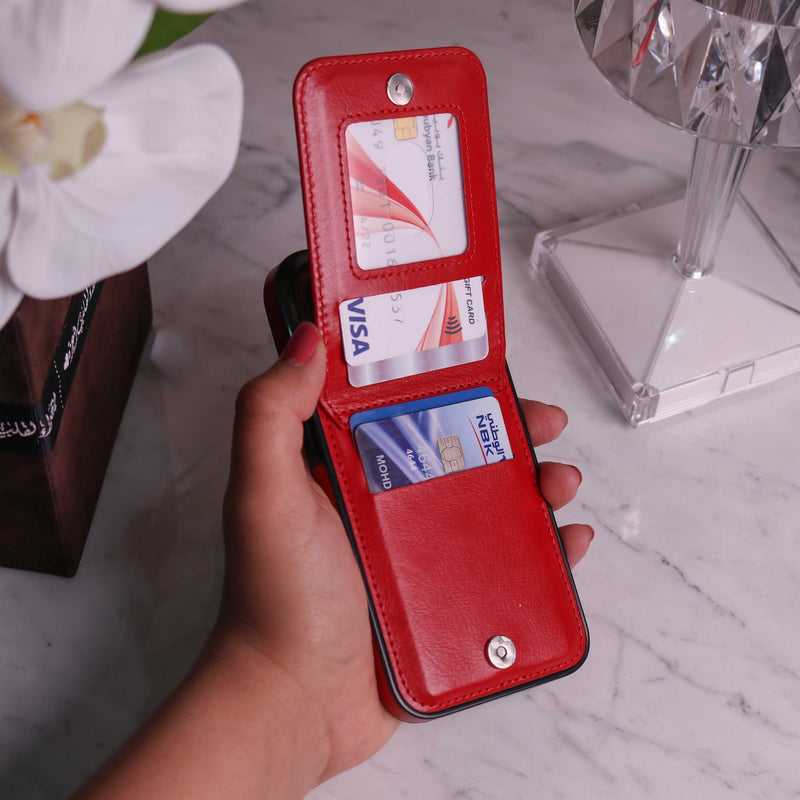 Red Leather Phone Case with Wallet Card - كفر مع محفظة للبطاقات والنقود وستاند جانبي