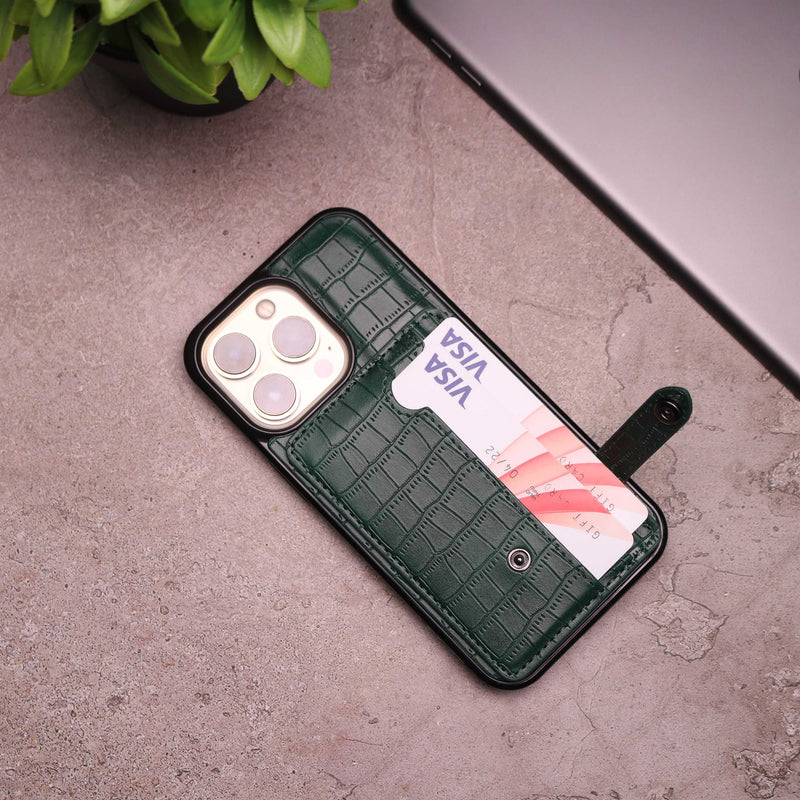 Crocodile Leather Case with Card Slot and Stand - Green -  كفر جلد مع محفظة للبطاقات والنقود وستاند