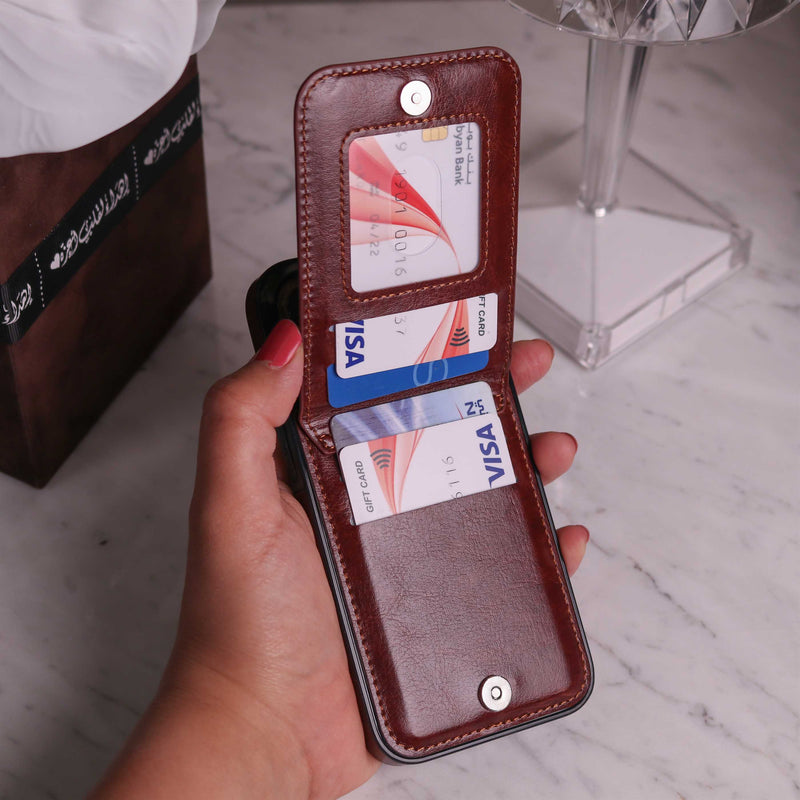 Brown Leather Phone Case with Wallet Card - كفر مع محفظة للبطاقات والنقود وستاند جانبي