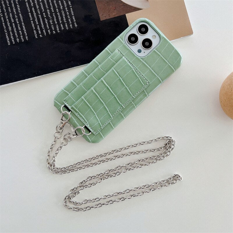 Green Leather Case with Card Slot and Strap Lanyard - كفر جلد مع محفظة للبطاقات والنقود وخيط سلسة علاقة