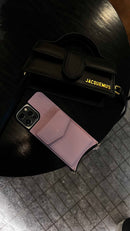 Pink Leather Case with Mirror, Card Wallet and Strap Lanyard - كفر جلد مع محفظة للبطاقات ومرايا وخيط علاقة