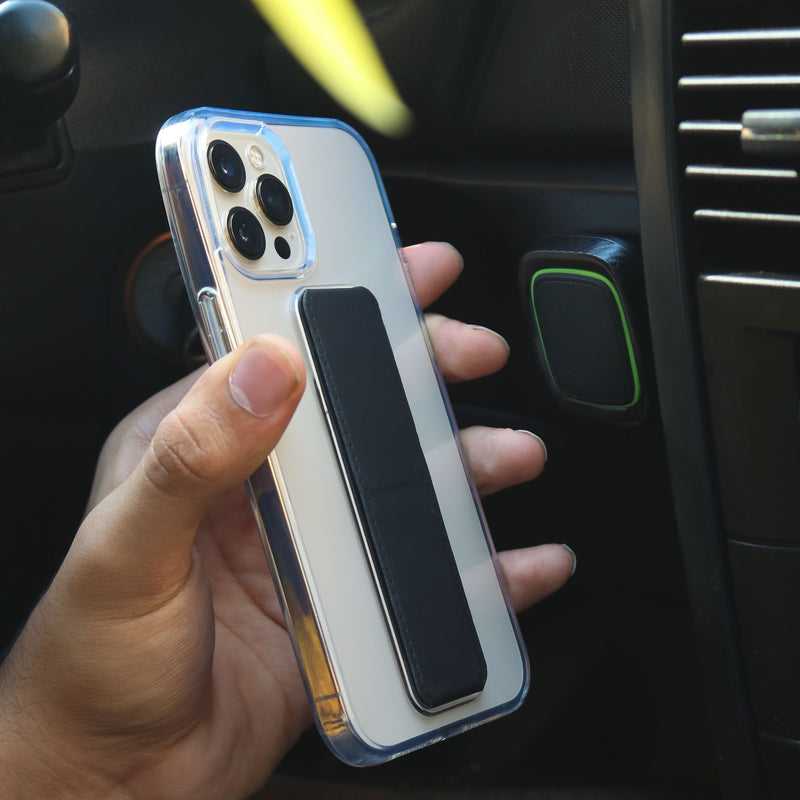 Black Grip with Clear Case and Grip Horizontal, Vertical and Magnetic Stand - كفر حماية مع مسكة وستاند جانبي ورأسي ومغناطيس للسيارة