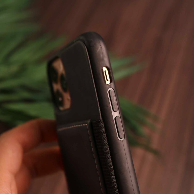 Black Leather Case with Back Card Slots - كفر جلد مع محفظة للبطاقات بالخلف