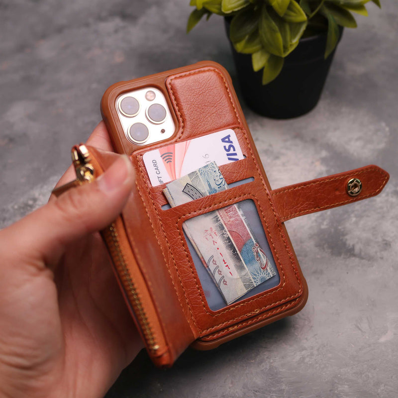 Brown Wallet Case with Zipper - كفر مع محفظة للبطاقات والكاش وجيب للخردة