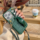 Dark Green Leather Case with Grip, Card Slot and Strap Lanyard - كفر جلد مع مسكة ومحفظة للبطاقات والنقود وخيط سلسة علاقة