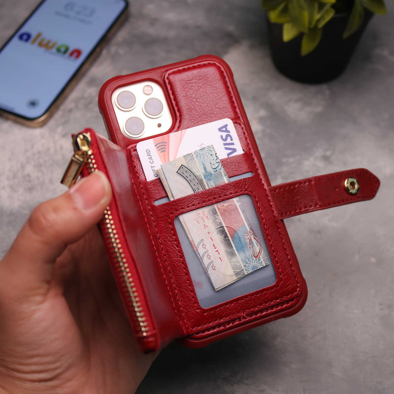Red Maroon Wallet Case with Zipper - كفر مع محفظة للبطاقات والكاش وجيب للخردة