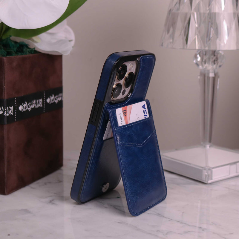 Dark Blue Leather Phone Case with Wallet Card - كفر مع محفظة للبطاقات والنقود وستاند جانبي