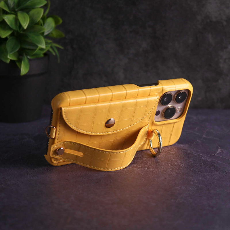 Yellow Crocodile Pattern Wallet Case with Grip - كفر مع ستاند و مسكة شريطة وميدالية ومحفظة للبطاقات
