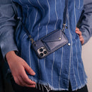 Dark Blue Leather Wallet Case with Card Slot and Lanyard - كفر مع محفظة للبطاقات والكاش وخيط علاقة