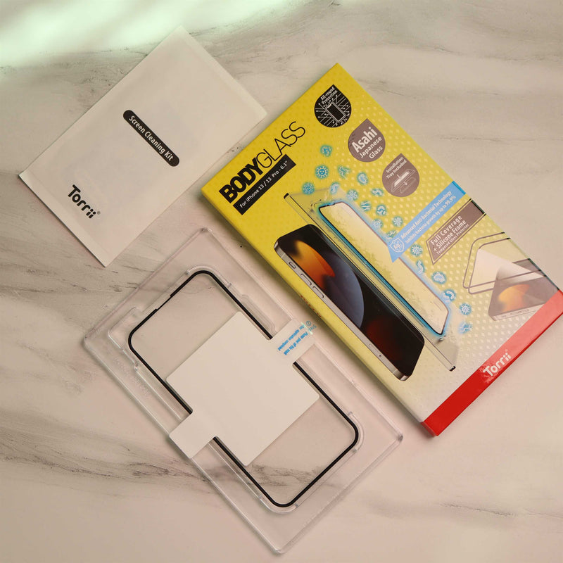 Torrii BODYGLASS Screen Protector Anti-bacterial Coating for iPhone - Full Coverage + Silicon Frame - Clear - حماية شاشة مضاعفة لجميع اطراف الشاشة - توري - مقاومة للخدش والبكتيريا