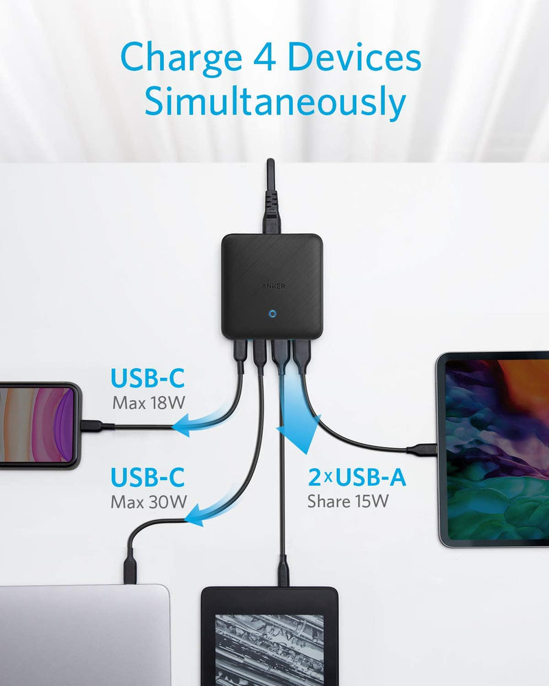 Anker Powerport Atom III 63W Slim - Black Fabric [D] - موزع شحن انكر - 4 فتحات للشحن - قوة 63 واط - 2 منفذين تايب سي - 2 منفذين للشحن الذكي - كفالة 18ش شهر