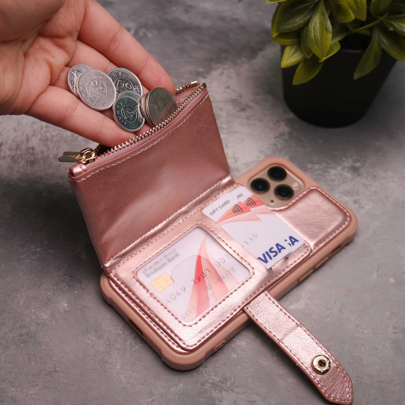 Rose Gold Wallet Case with Zipper - كفر مع محفظة للبطاقات والكاش وجيب للخردة