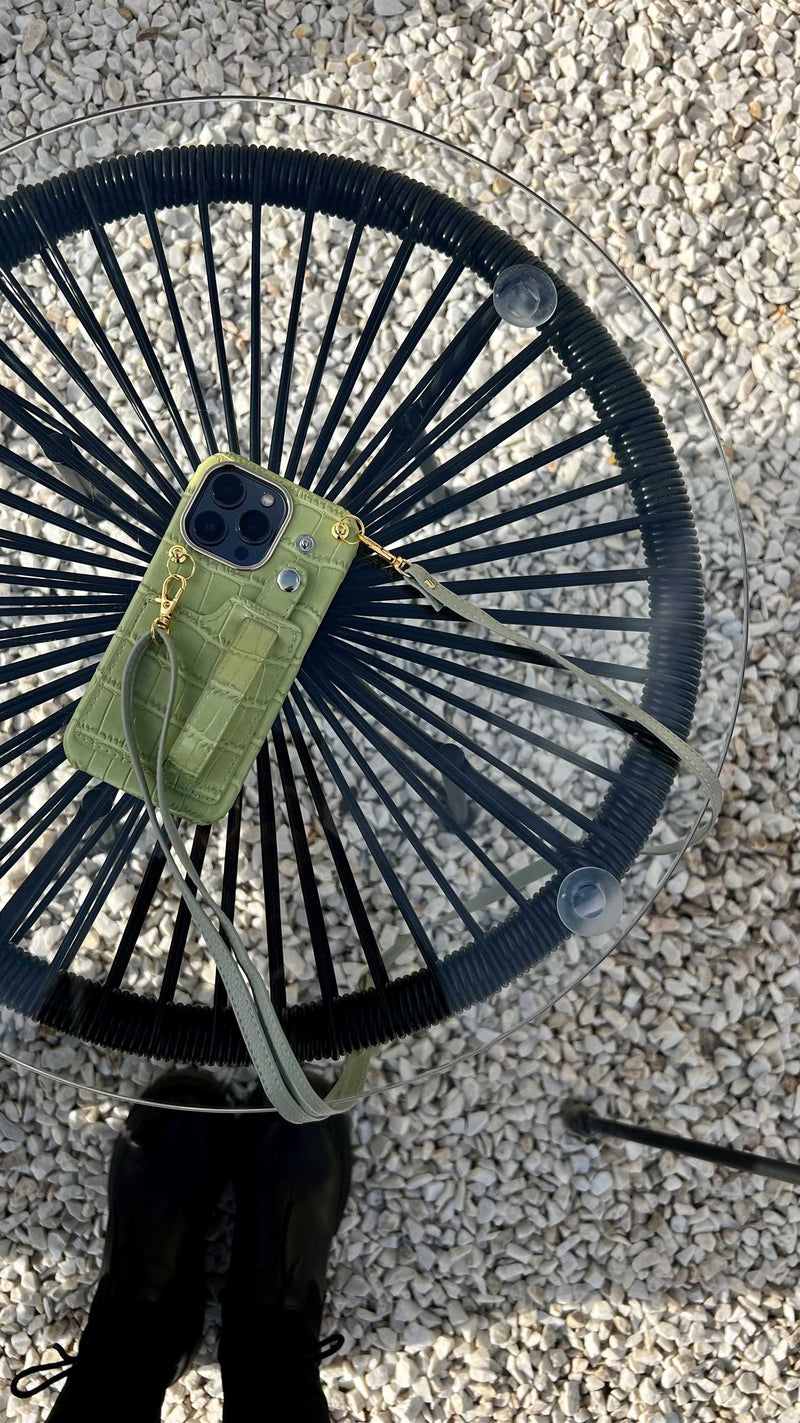 Light Green Leather Case with Grip, Card Slot and Strap Lanyard - كفر جلد مع مسكة ومحفظة للبطاقات والنقود وخيط سلسة علاقة