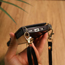 Black Wallet Leather Case with Mirror, Card Slot and Lanyard - كفر مع مراية ومكان للبطاقات وخيط علاقة