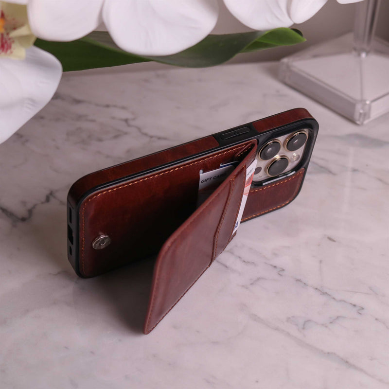 Brown Leather Phone Case with Wallet Card - كفر مع محفظة للبطاقات والنقود وستاند جانبي